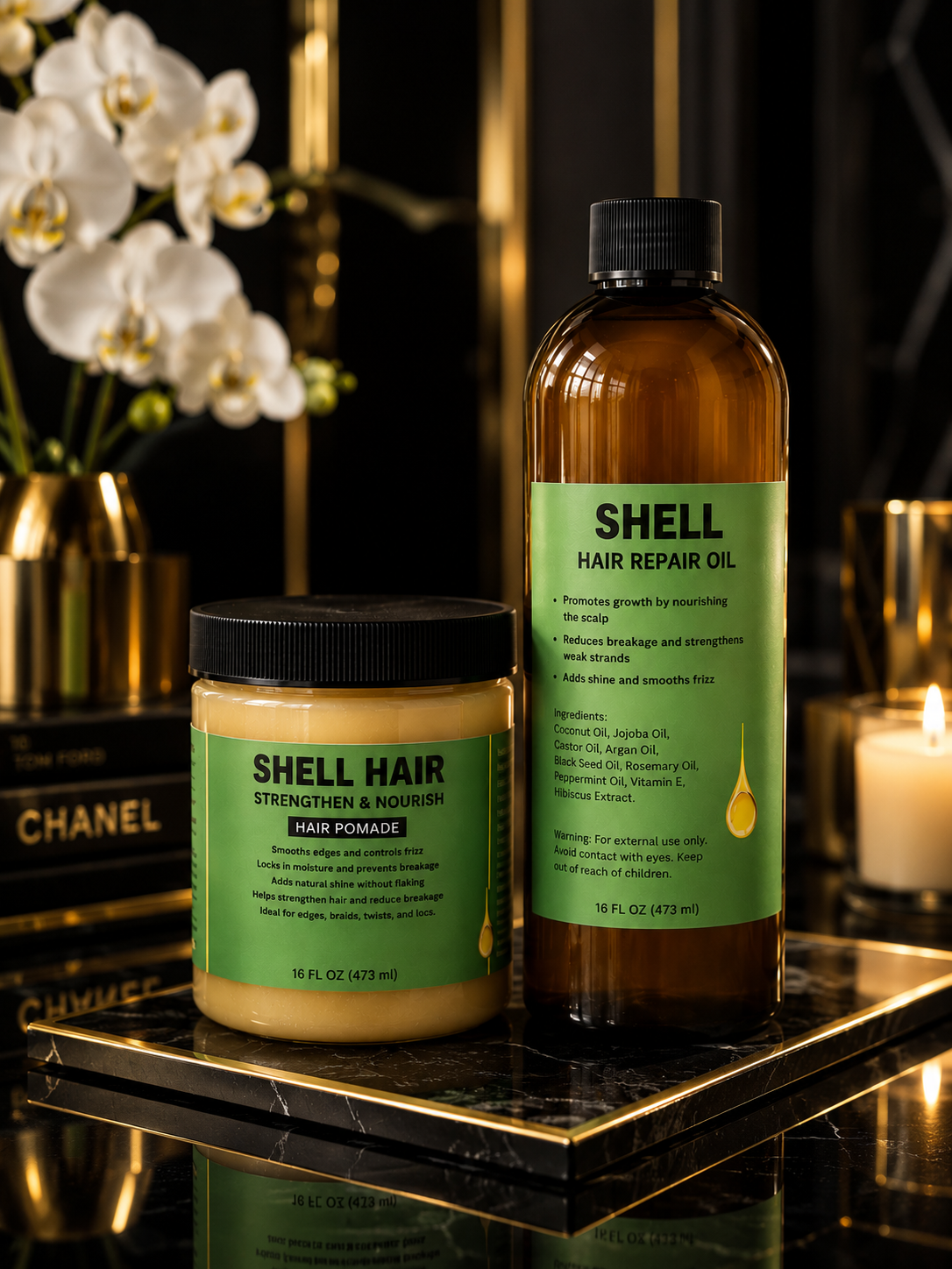 Shell 16 oz oil + 16 oz pomade