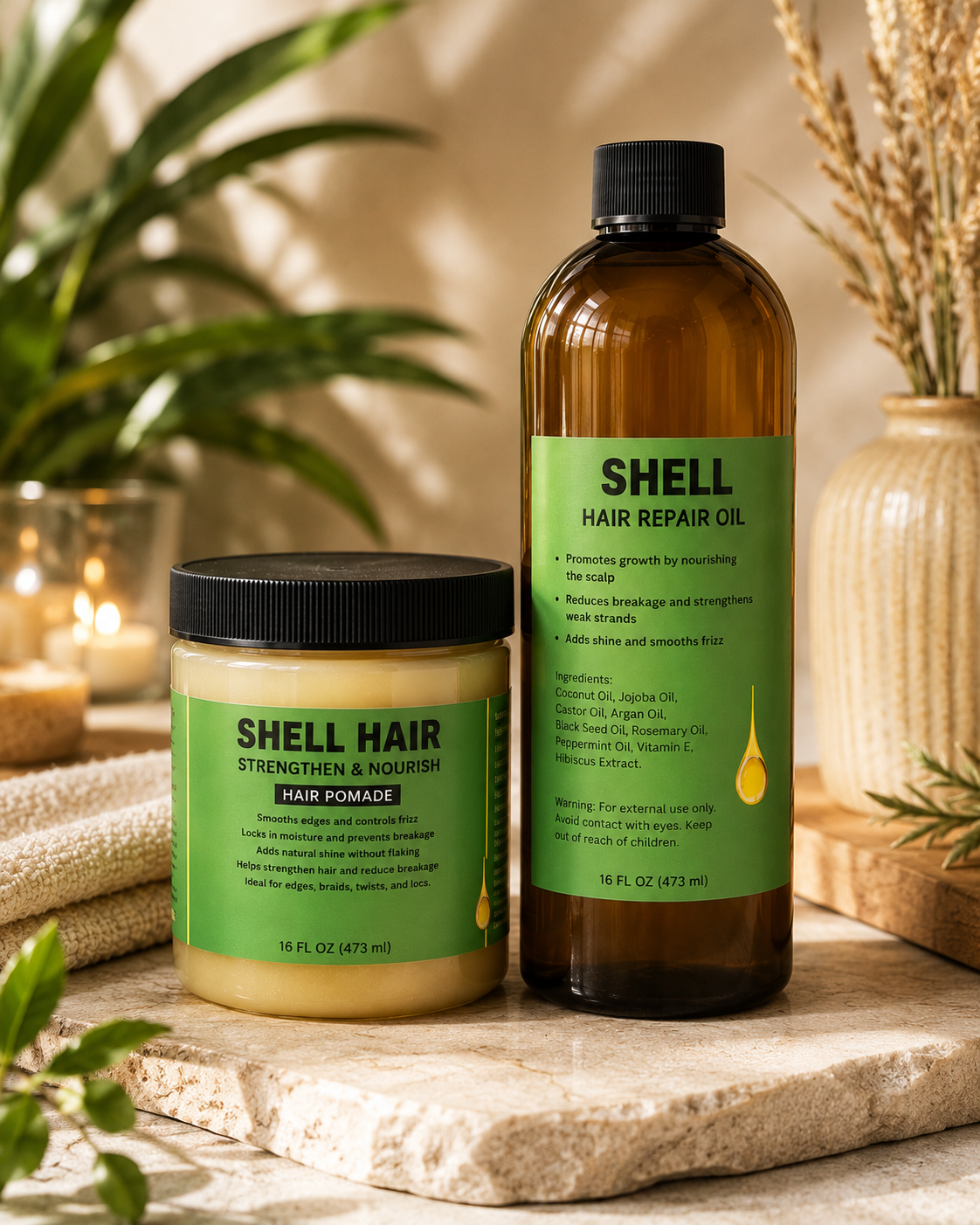 Shell 16 oz oil + 16 oz pomade